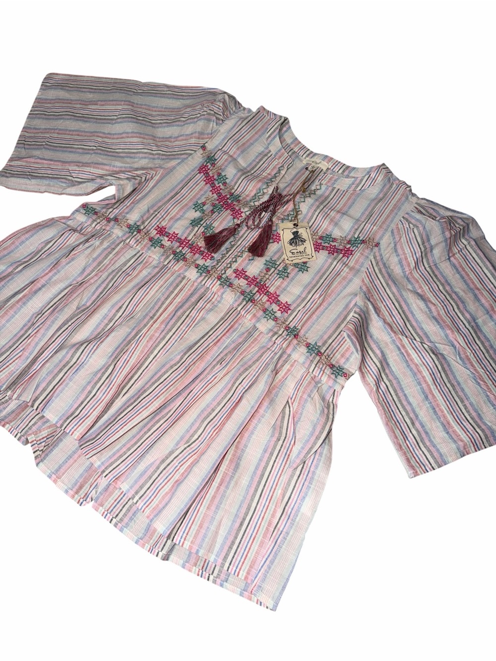 EASEL Pink, Teal & Cream Embroidered Tassel-Peasant Top